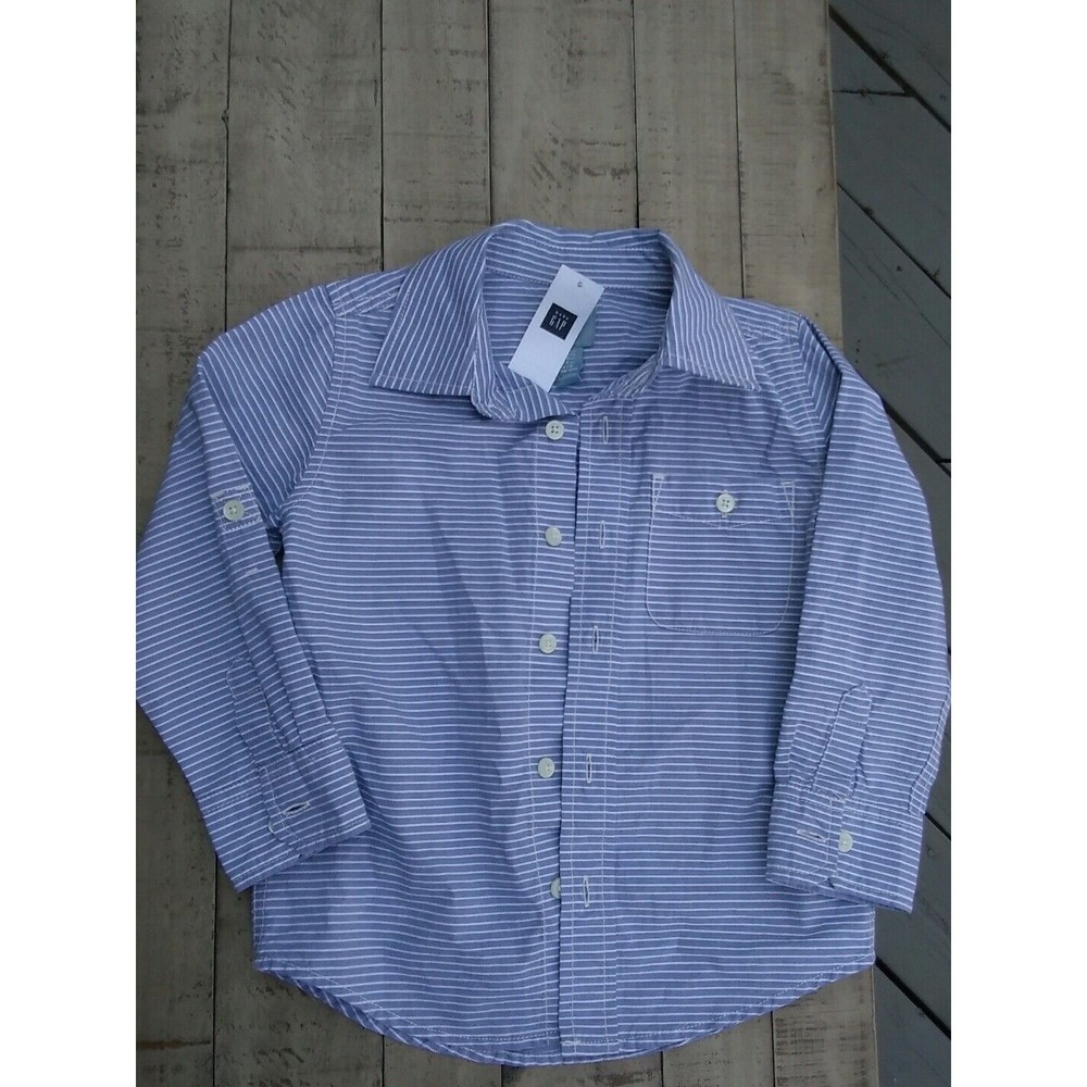 new baby gap boys 4 stripes dress button down shirt blue  long sleeves cotton